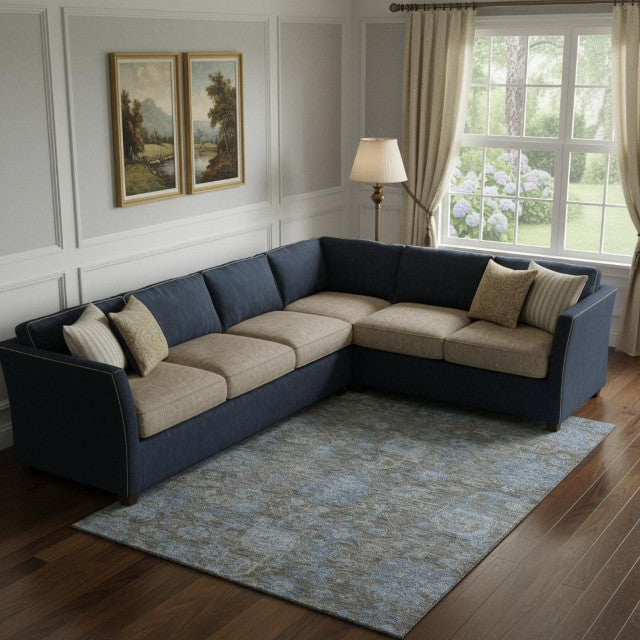 HomeRoots 9' X 12' Gray and Blue Floral Area Rug - Washable, UV Protected, Stain Resistant for Busy Homes 693299
