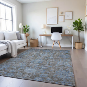HomeRoots 10' Gray and Blue Floral Area Rug - Washable, Durable, UV-Protected for Stylish Living Spaces! 693300