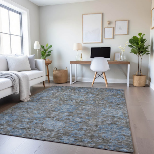 HomeRoots 10' Gray and Blue Floral Area Rug - Washable, Durable, UV-Protected for Stylish Living Spaces! 693300