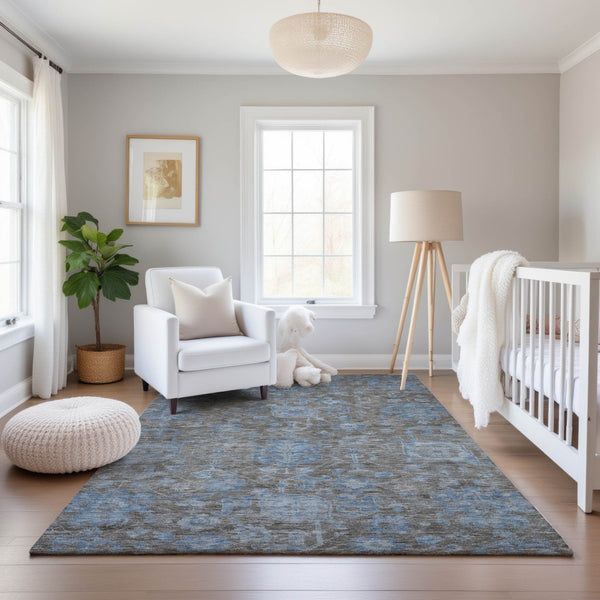 HomeRoots 10' Gray and Blue Floral Area Rug - Washable, Durable, UV-Protected for Stylish Living Spaces! 693300