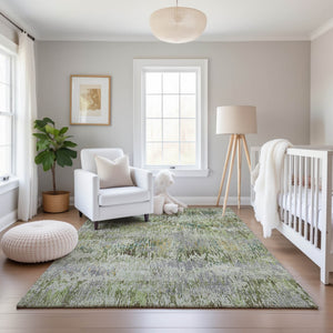 HomeRoots 5' X 8' Artichoke Green Striped Area Rug – Washable, UV-Protected, Stain-Resistant for Any Space 693302