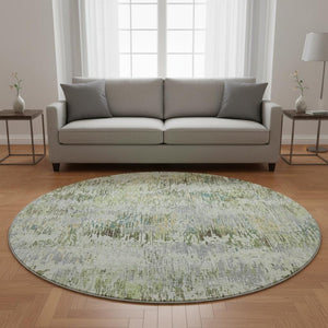 HomeRoots 8' X 8' Stylish Artichoke Green, Ivory & Gray Striped Round Rug – Washable, UV Protected & Durable! 693303