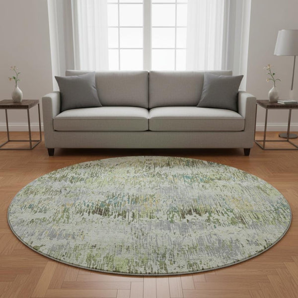 HomeRoots 8' X 8' Stylish Artichoke Green, Ivory & Gray Striped Round Rug – Washable, UV Protected & Durable! 693303