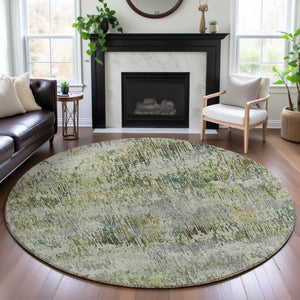 HomeRoots 8' X 8' Stylish Artichoke Green, Ivory & Gray Striped Round Rug – Washable, UV Protected & Durable! 693303