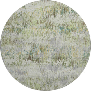 HomeRoots 8' X 8' Stylish Artichoke Green, Ivory & Gray Striped Round Rug – Washable, UV Protected & Durable! 693303