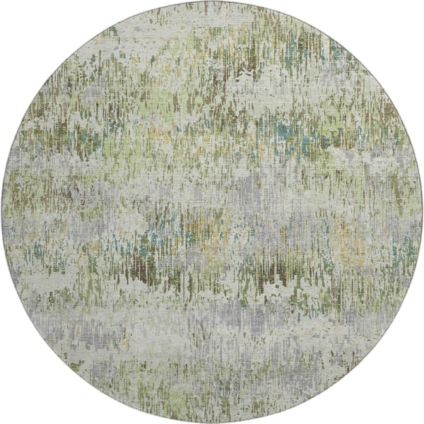 HomeRoots 8' X 8' Stylish Artichoke Green, Ivory & Gray Striped Round Rug – Washable, UV Protected & Durable! 693303