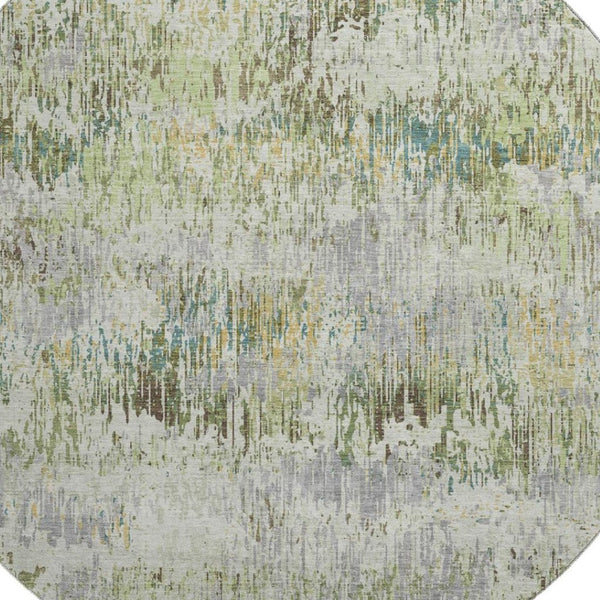 HomeRoots 8' X 8' Stylish Artichoke Green, Ivory & Gray Striped Round Rug – Washable, UV Protected & Durable! 693303