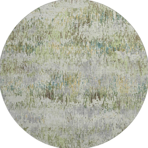 HomeRoots 8' X 8' Stylish Artichoke Green, Ivory & Gray Striped Round Rug – Washable, UV Protected & Durable! 693303