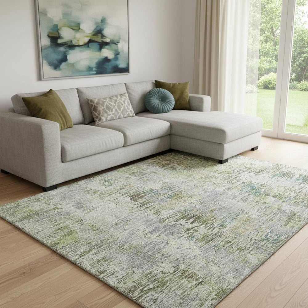 HomeRoots 8' Washable Area Rug in Artichoke Green, Ivory & Gray - UV Protected, Stain Resistant for Homes 693304