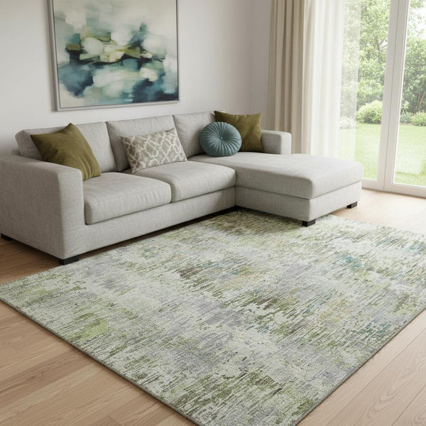 HomeRoots 8' Washable Area Rug in Artichoke Green, Ivory & Gray - UV Protected, Stain Resistant for Homes 693304