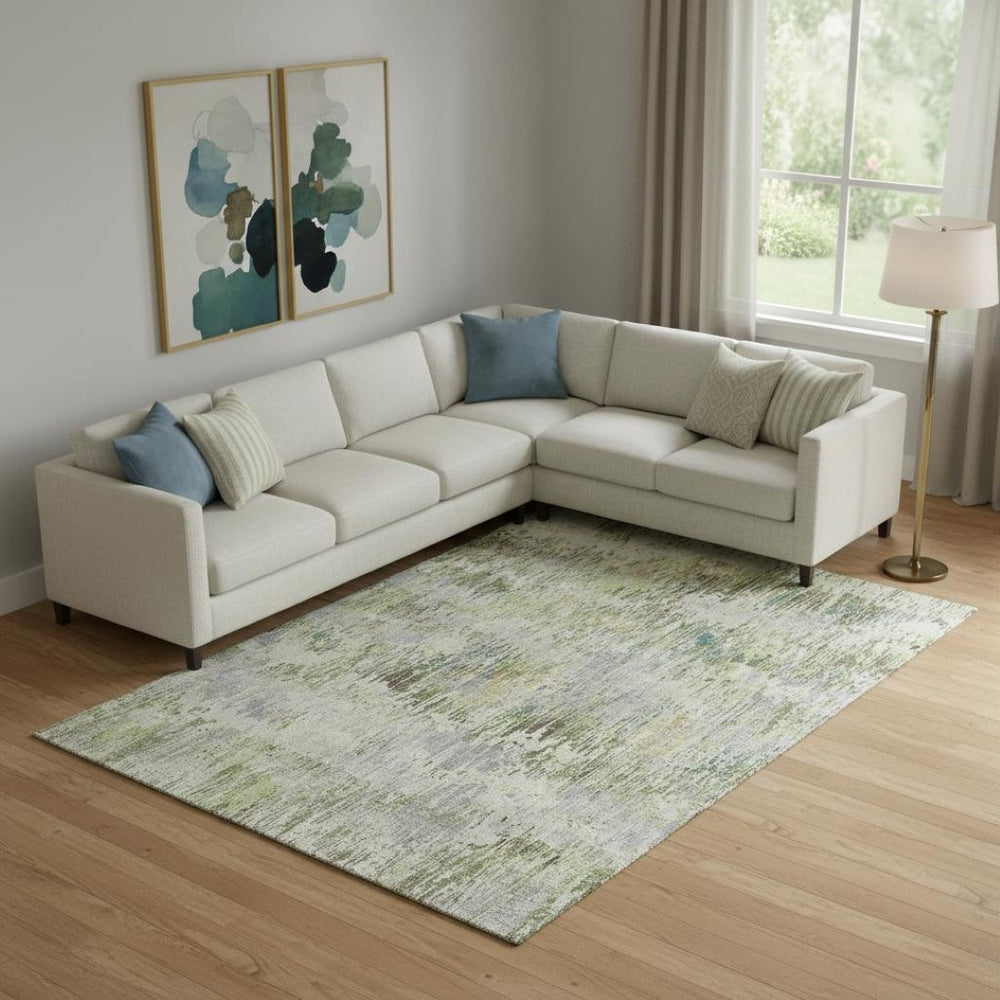 HomeRoots 9' X 12' Striped Washable Area Rug in Artichoke Green, Ivory & Gray – UV Protected, Pet-Friendly Design 693305