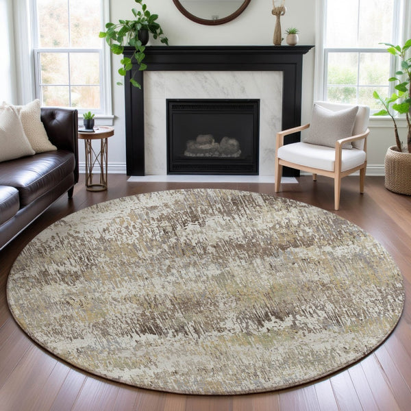 HomeRoots 8' X 8' Ivory Beige and Brown Striped Washable Round Rug - Durable, UV Protected, Stain-Resistant! 693309