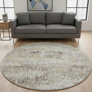 HomeRoots 8' X 8' Ivory Beige and Brown Striped Washable Round Rug - Durable, UV Protected, Stain-Resistant! 693309