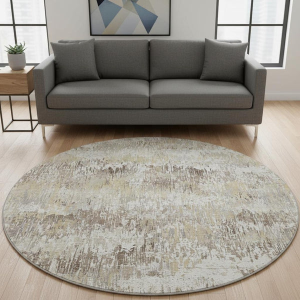 HomeRoots 8' X 8' Ivory Beige and Brown Striped Washable Round Rug - Durable, UV Protected, Stain-Resistant! 693309