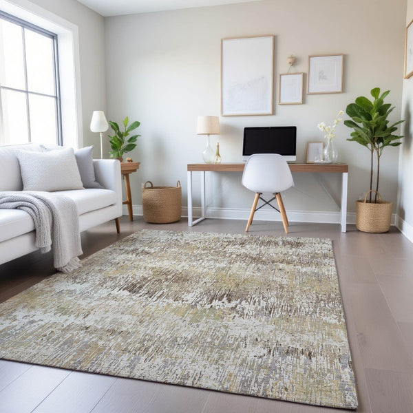HomeRoots 8' Ivory Beige & Brown Striped Washable Area Rug - Durable, UV Protected & Perfect for High-Traffic Homes 693310