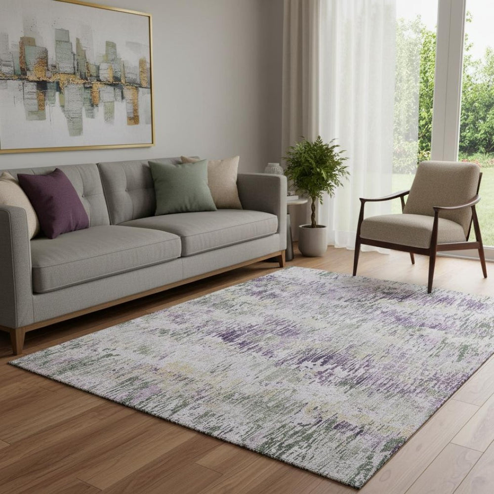 HomeRoots 5' X 8' Stylish Lavender Ivory Green Striped Rug - Durable, Washable, UV Protected, Ideal for Any Room! 693314