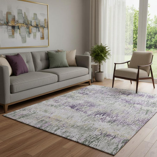 HomeRoots 5' X 8' Stylish Lavender Ivory Green Striped Rug - Durable, Washable, UV Protected, Ideal for Any Room! 693314