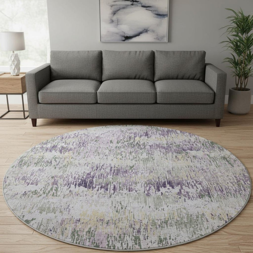 HomeRoots 8' X 8' Striped Round Rug in Lavender, Ivory & Green - Durable, Washable, UV-Protected Home Essential 693315