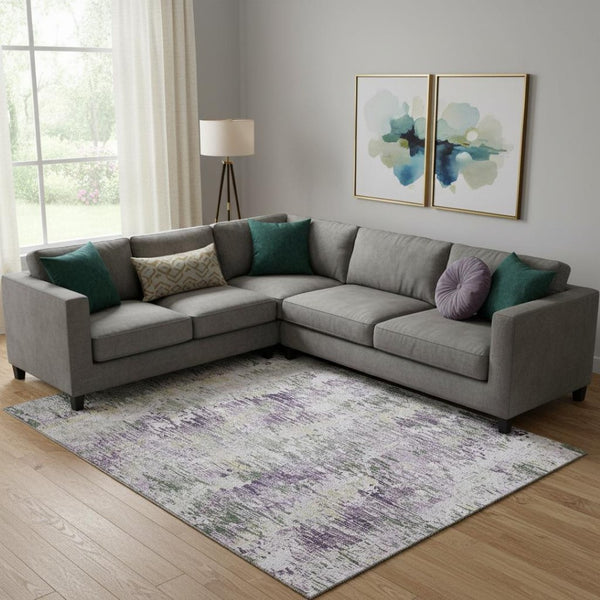 HomeRoots 9' X 12' Striped Area Rug in Lavender, Ivory & Green – Washable, UV-Protected & Non-Slip Design 693317