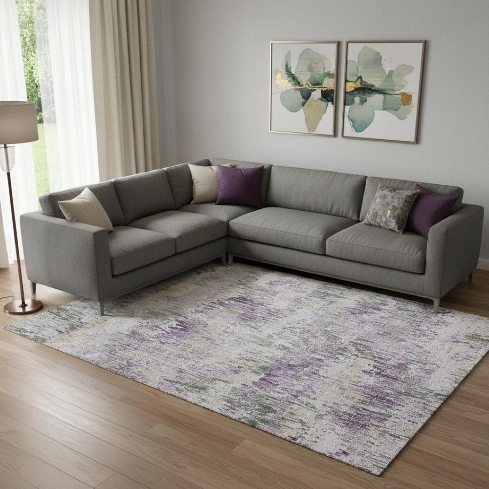 HomeRoots 10' Stylish Lavender, Ivory & Green Striped Washable Area Rug with UV Protection for Busy Homes 693318
