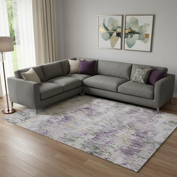 HomeRoots 10' Stylish Lavender, Ivory & Green Striped Washable Area Rug with UV Protection for Busy Homes 693318