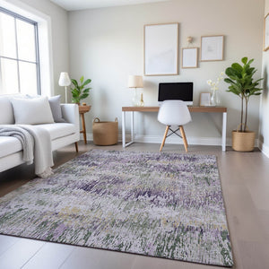 HomeRoots 10' Stylish Lavender, Ivory & Green Striped Washable Area Rug with UV Protection for Busy Homes 693318