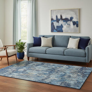 HomeRoots 5' X 8' Navy Blue Ivory Gray Striped Washable Area Rug - UV Protection, Durable, Stylish Decor Accent 693320