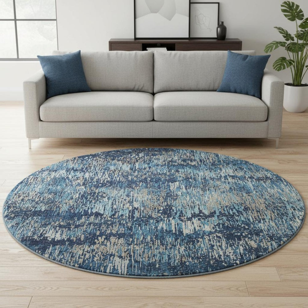 HomeRoots 8' Round Washable Rug in Navy Blue, Ivory & Gray Stripes – Durable, Stain Resistant with UV Protection 693321