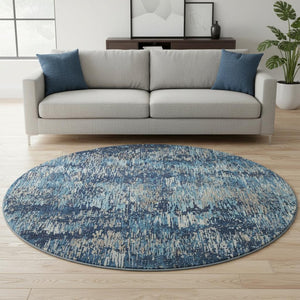 HomeRoots 8' Round Washable Rug in Navy Blue, Ivory & Gray Stripes – Durable, Stain Resistant with UV Protection 693321