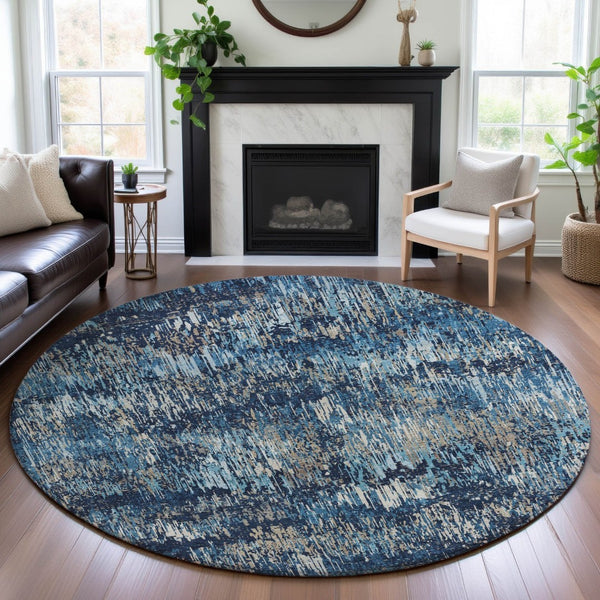 HomeRoots 8' Round Washable Rug in Navy Blue, Ivory & Gray Stripes – Durable, Stain Resistant with UV Protection 693321