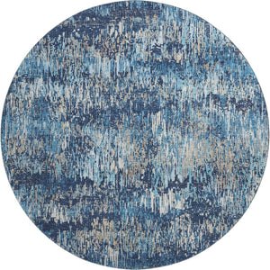 HomeRoots 8' Round Washable Rug in Navy Blue, Ivory & Gray Stripes – Durable, Stain Resistant with UV Protection 693321