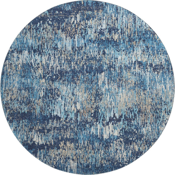 HomeRoots 8' Round Washable Rug in Navy Blue, Ivory & Gray Stripes – Durable, Stain Resistant with UV Protection 693321
