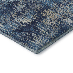 HomeRoots 8' Round Washable Rug in Navy Blue, Ivory & Gray Stripes – Durable, Stain Resistant with UV Protection 693321