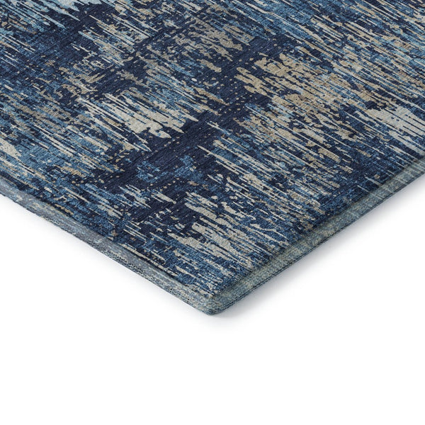 HomeRoots 8' Round Washable Rug in Navy Blue, Ivory & Gray Stripes – Durable, Stain Resistant with UV Protection 693321