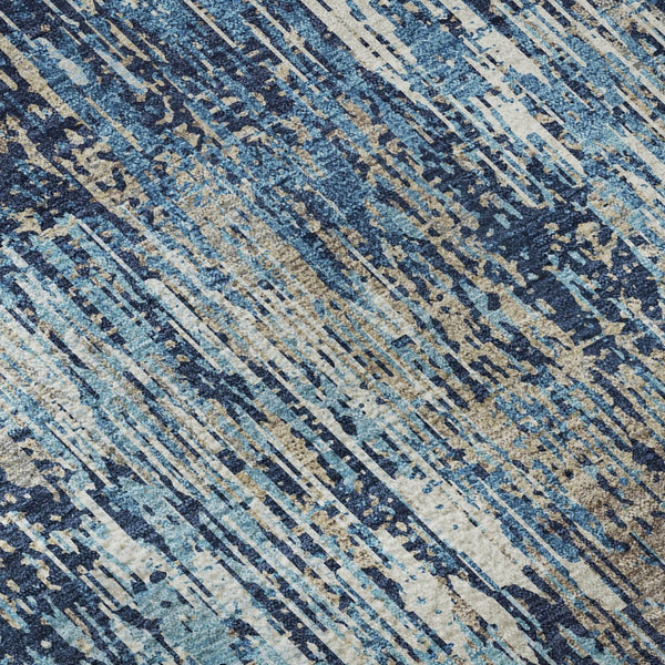 HomeRoots 8' Round Washable Rug in Navy Blue, Ivory & Gray Stripes – Durable, Stain Resistant with UV Protection 693321