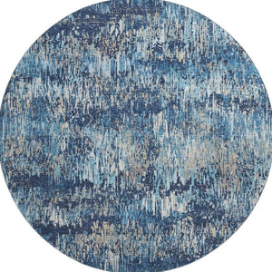 HomeRoots 8' Round Washable Rug in Navy Blue, Ivory & Gray Stripes – Durable, Stain Resistant with UV Protection 693321