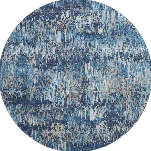 HomeRoots 8' Round Washable Rug in Navy Blue, Ivory & Gray Stripes – Durable, Stain Resistant with UV Protection 693321