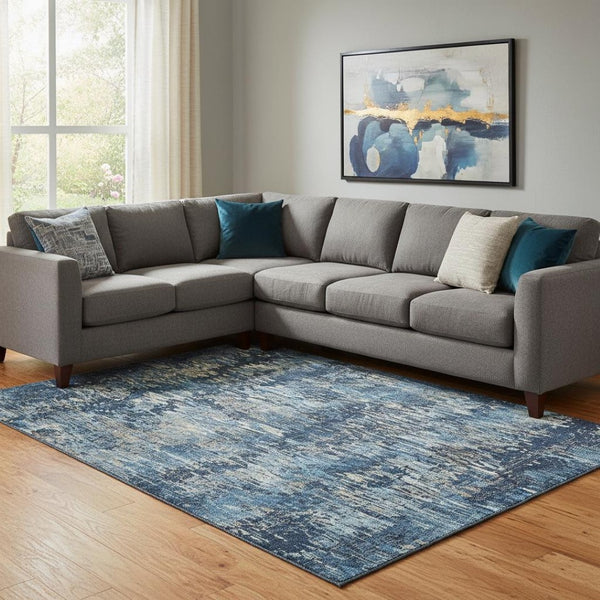HomeRoots 8' Stylish Navy Blue, Ivory & Gray Striped Washable Area Rug with UV Protection for High-Traffic Homes 693322