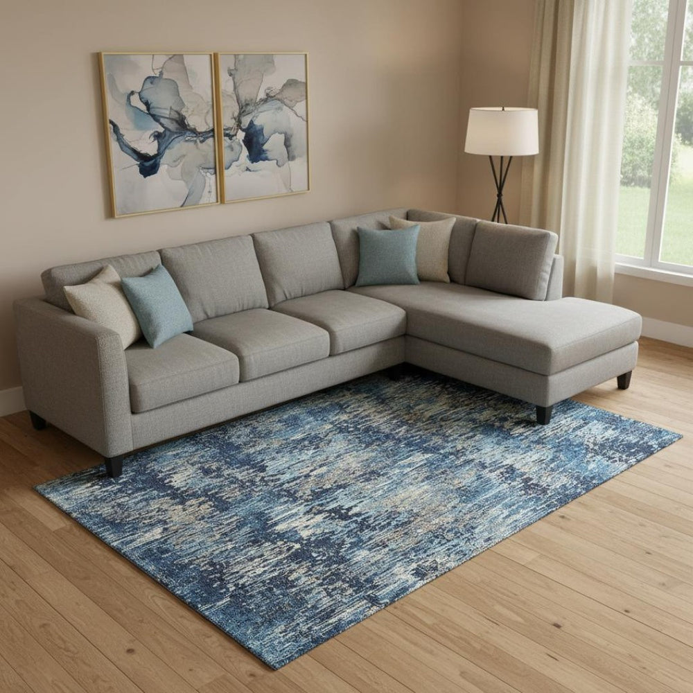 HomeRoots 9' X 12' Navy Blue Ivory Gray Striped Area Rug – Washable, UV-Resistant, Perfect for High-Traffic Homes 693323