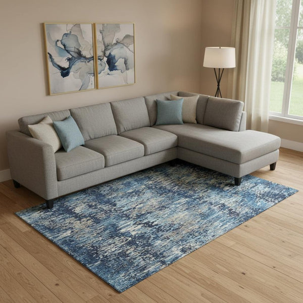 HomeRoots 9' X 12' Navy Blue Ivory Gray Striped Area Rug – Washable, UV-Resistant, Perfect for High-Traffic Homes 693323