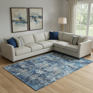 HomeRoots 10' Navy Blue, Ivory & Gray Striped Washable Area Rug – UV Protected, Durable & Easy Care for Homes! 693324