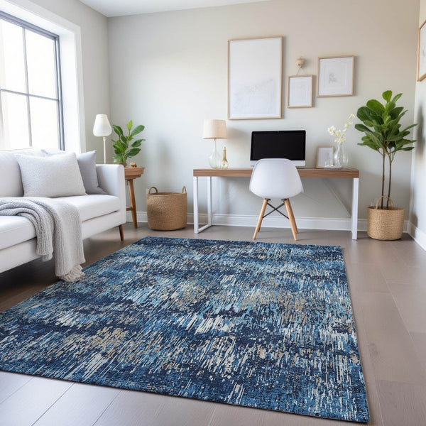 HomeRoots 10' Navy Blue, Ivory & Gray Striped Washable Area Rug – UV Protected, Durable & Easy Care for Homes! 693324