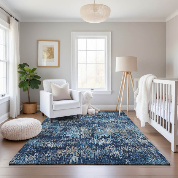 HomeRoots 10' Navy Blue, Ivory & Gray Striped Washable Area Rug – UV Protected, Durable & Easy Care for Homes! 693324