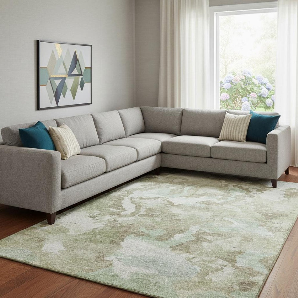 HomeRoots 8' Artichoke Green Abstract Area Rug – Modern Washable Design with UV Protection for Pets & Kids 693328