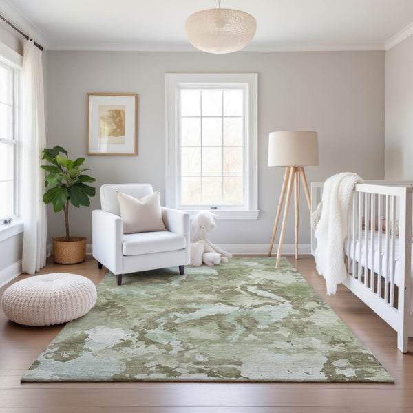 HomeRoots 8' Artichoke Green Abstract Area Rug – Modern Washable Design with UV Protection for Pets & Kids 693328