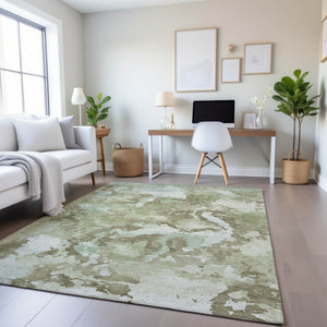 HomeRoots 9' X 12' Artichoke Green Abstract Area Rug – Washable, UV Protected, Durable for High-Traffic Spaces 693329