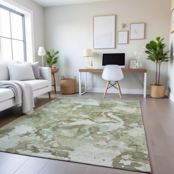 HomeRoots 9' X 12' Artichoke Green Abstract Area Rug – Washable, UV Protected, Durable for High-Traffic Spaces 693329