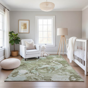 HomeRoots 9' X 12' Artichoke Green Abstract Area Rug – Washable, UV Protected, Durable for High-Traffic Spaces 693329