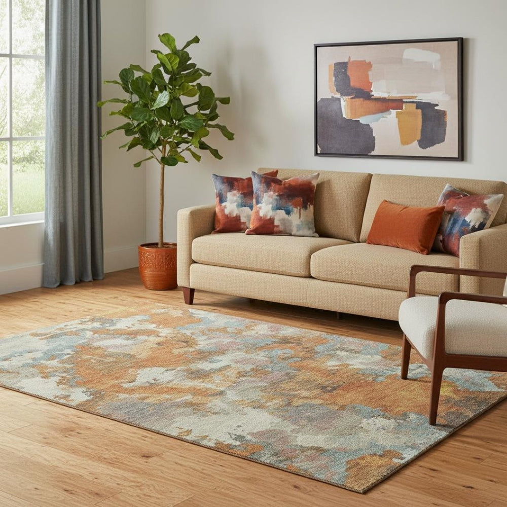 HomeRoots 5' X 8' Copper Taupe And Orange Abstract Area Rug - Washable, UV Protected, Stylish & Durable Design 693332
