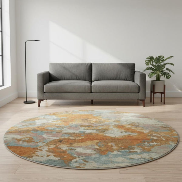 HomeRoots 8' X 8' Modern Abstract Round Rug in Copper, Taupe & Orange - Washable, UV Protected & Stain Resistant 693333